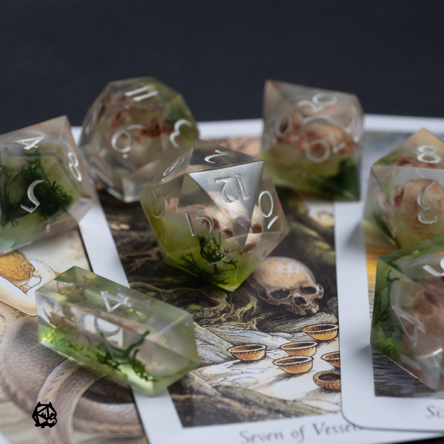 River Styx - Clear with hand painted skulls Handmade Resin Polyhedral Tabletop Roleplaying Dice Set