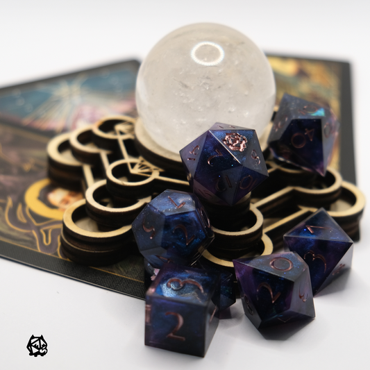 Nyx - Premium Handmade Space Themed Black, Purple, and Blue Resin Polyhedral Tabletop Roleplaying Dice Set