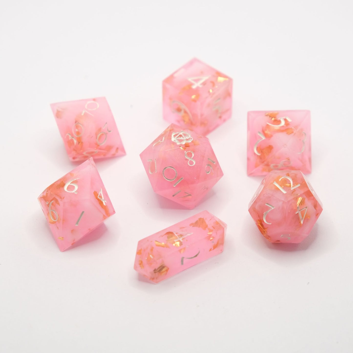 Aphrodite - Pink/Rose Gold Handmade Resin Polyhedral Tabletop Roleplaying Dice Set