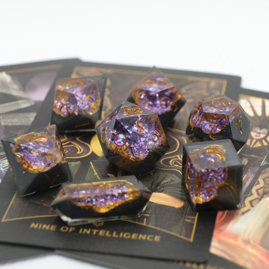 Hecate - Purple and Black Geode Style Handmade Resin Polyhedral Tabletop Roleplaying Dice Set