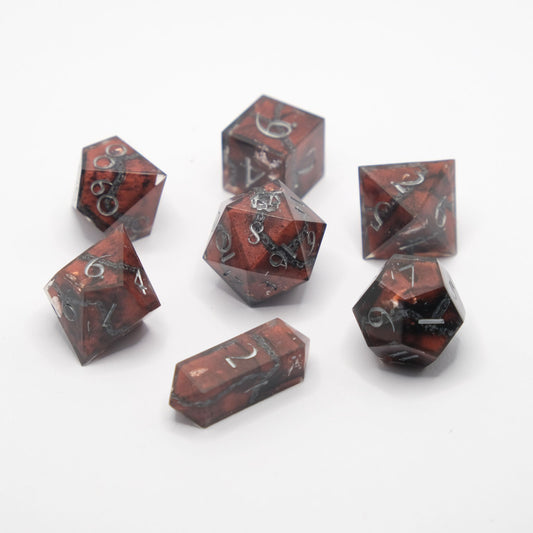 Cerberus - Red and Black with modelled chains Handmade Resin Polyhedral Tabletop Roleplaying Dice Set