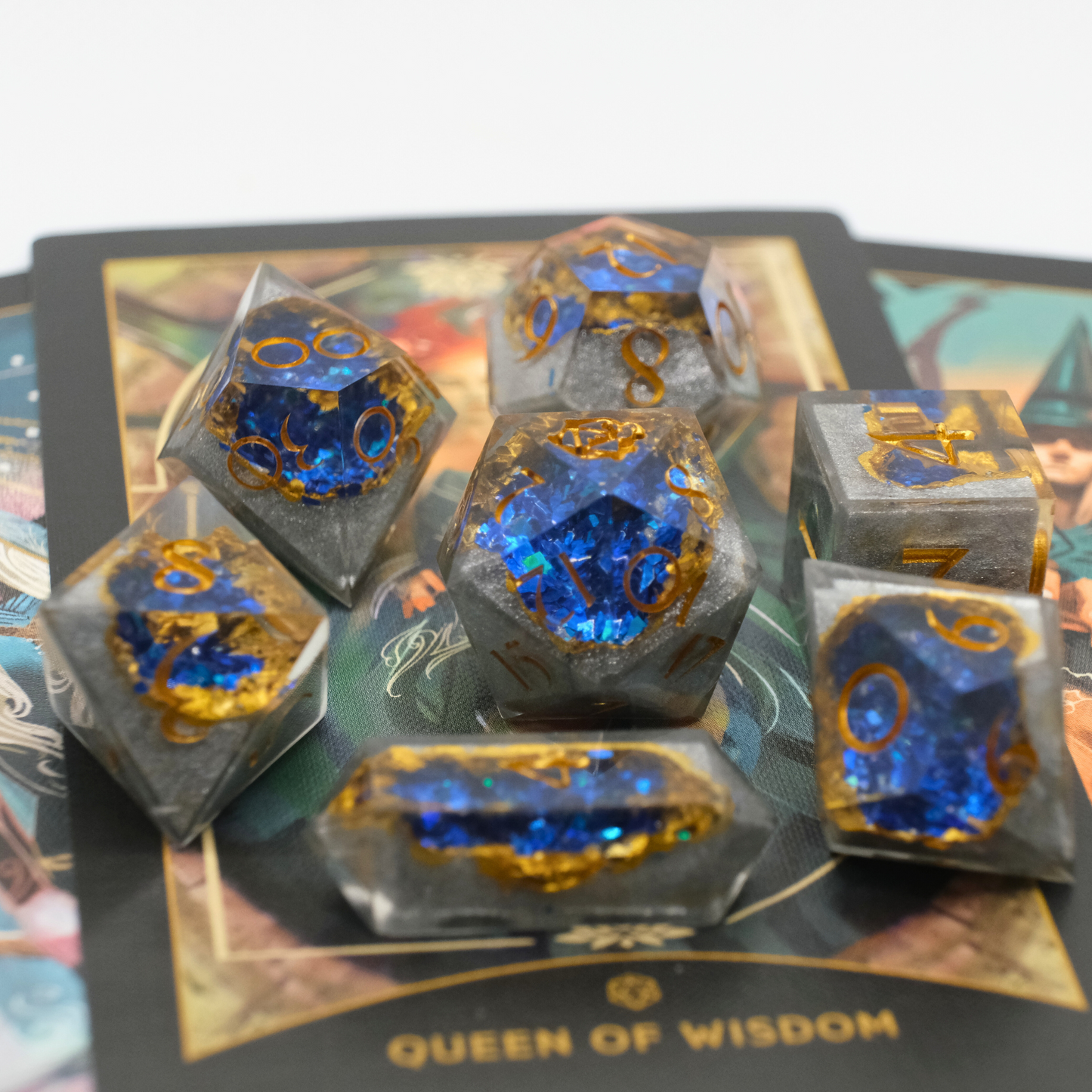 Oracle of Delphi - Blue and white/grey Geode Style Handmade Resin Polyhedral Tabletop Roleplaying Dice Set