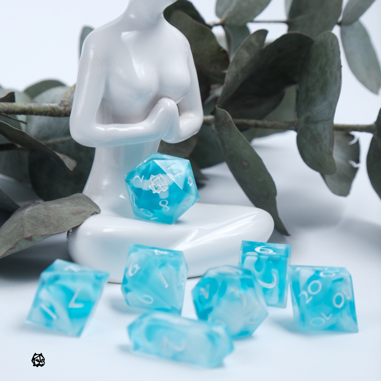 Nephele - Blue and white Handmade Resin Polyhedral Tabletop Roleplaying Dice Set