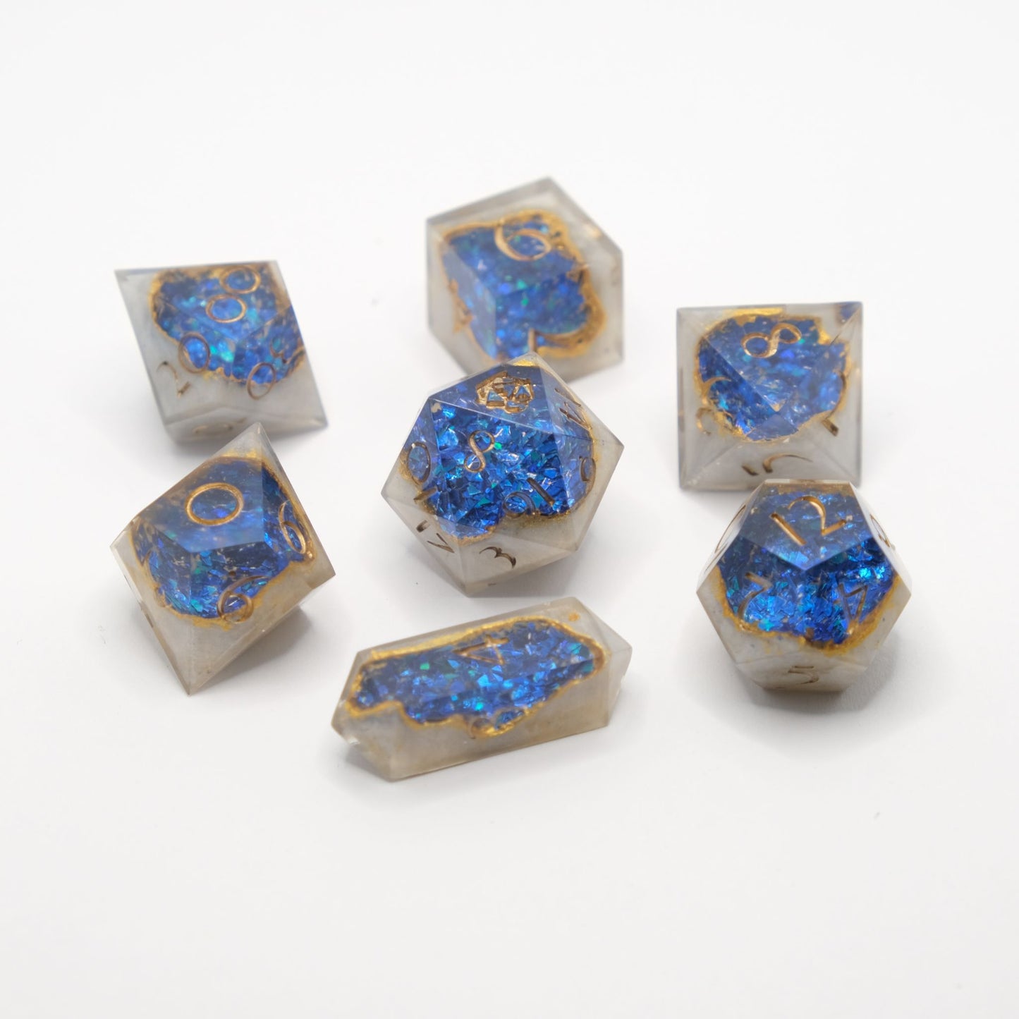 Oracle of Delphi - Blue and white/grey Geode Style Handmade Resin Polyhedral Tabletop Roleplaying Dice Set