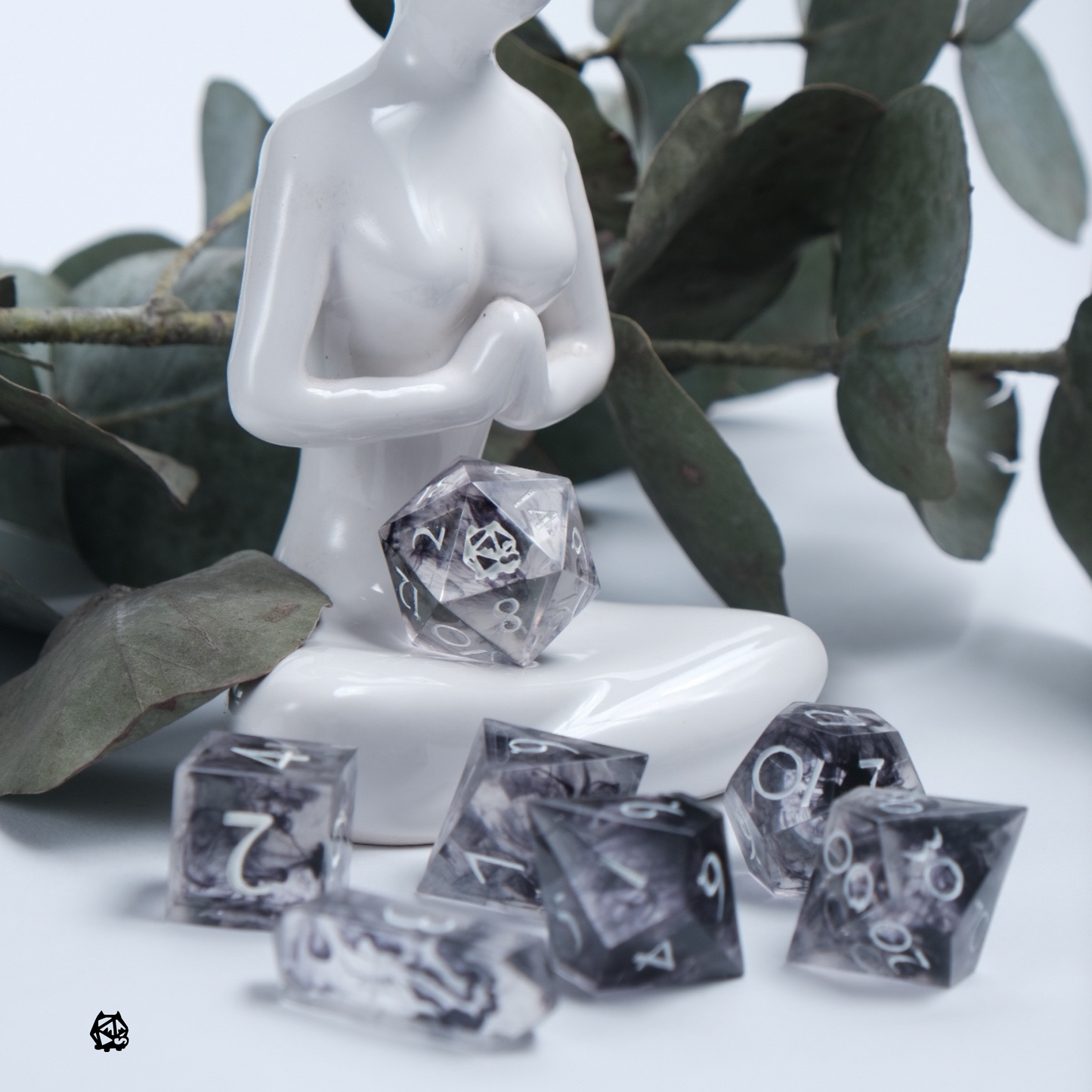 Erebos - Clear with black smoke swirls Handmade Resin Polyhedral Tabletop Roleplaying Dice Set