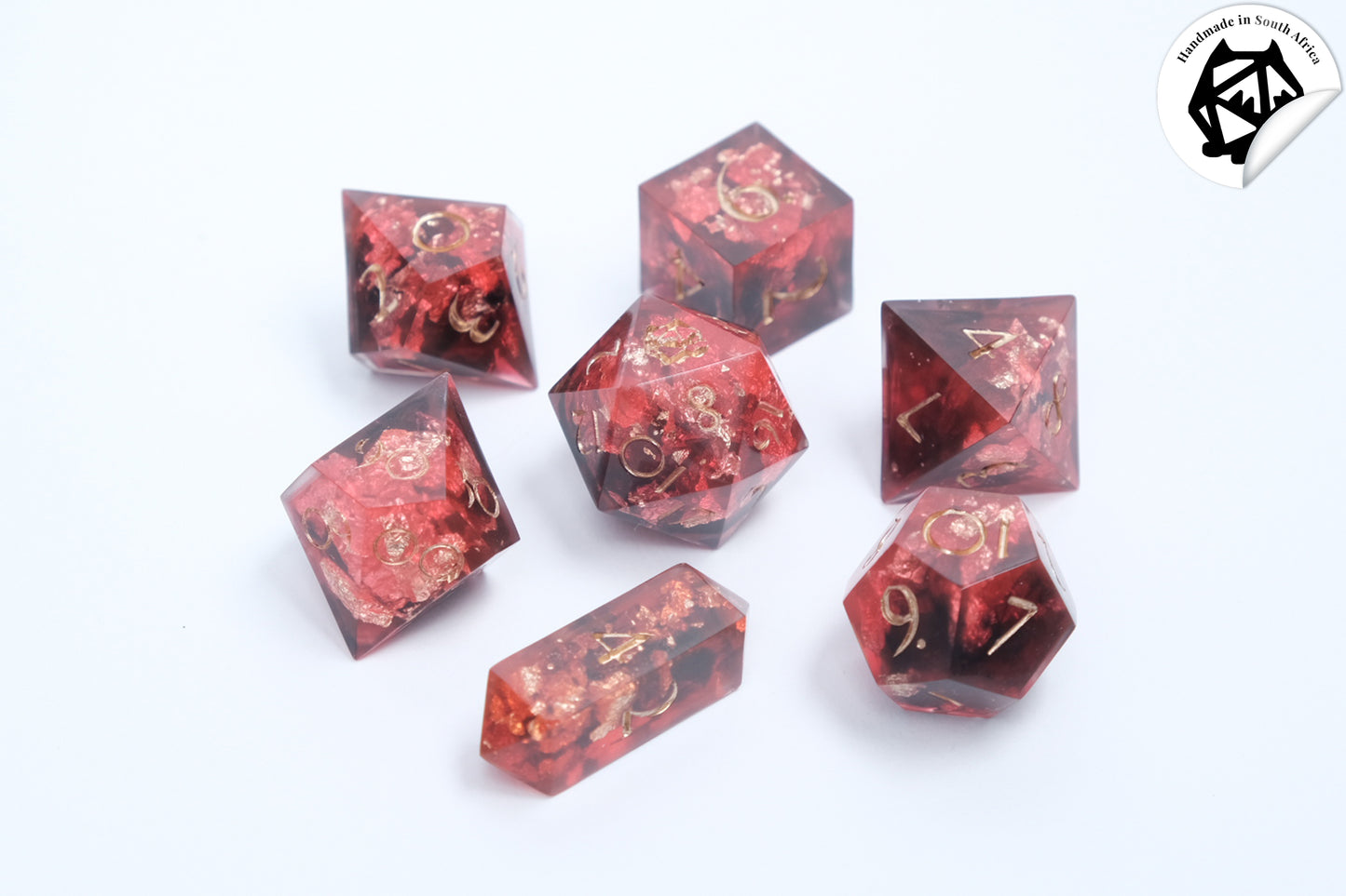 Zagreus - Red, Gold, and Black Handmade Resin Polyhedral Tabletop Roleplaying Dice Set