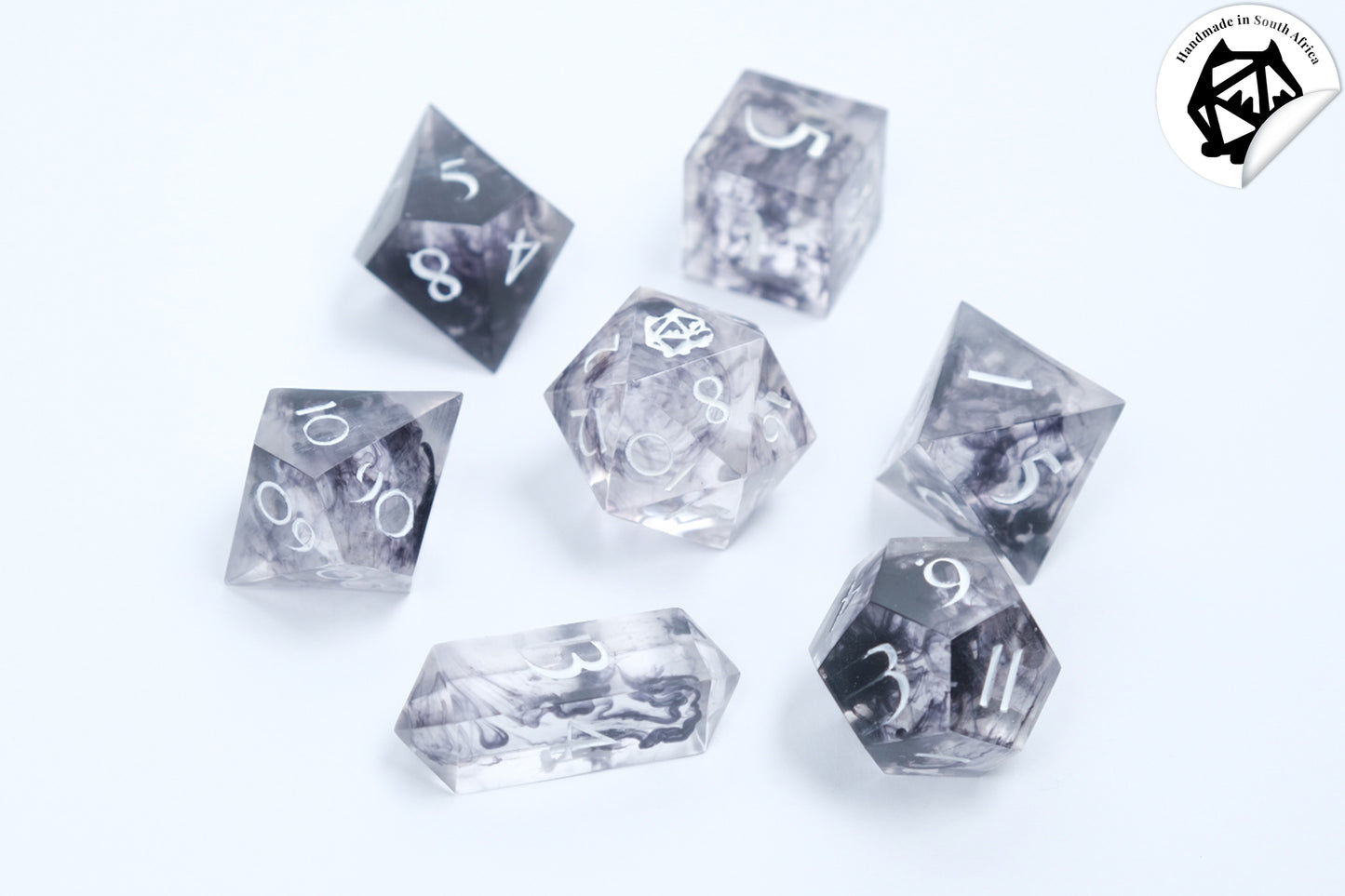 Erebos - Clear with black smoke swirls Handmade Resin Polyhedral Tabletop Roleplaying Dice Set