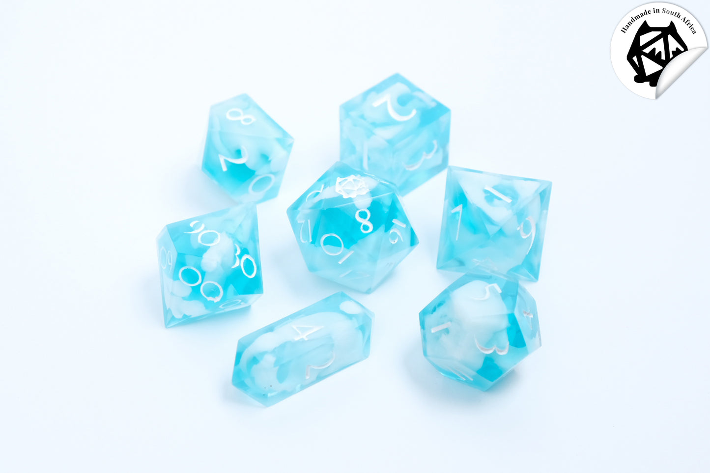 Nephele - Blue and white Handmade Resin Polyhedral Tabletop Roleplaying Dice Set