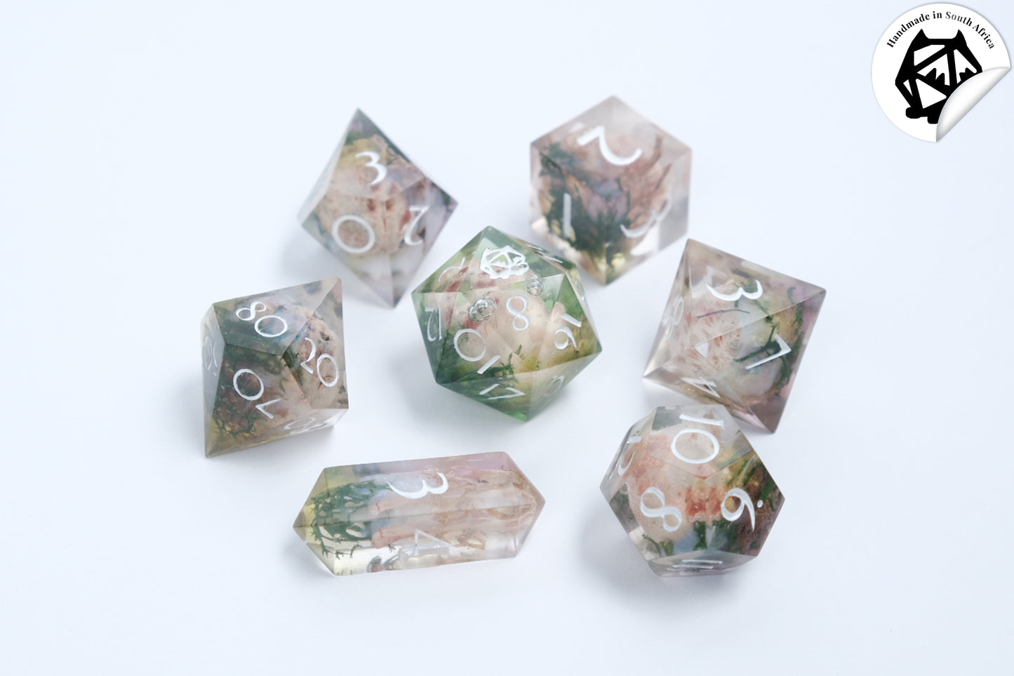 River Styx - Clear with hand painted skulls Handmade Resin Polyhedral Tabletop Roleplaying Dice Set